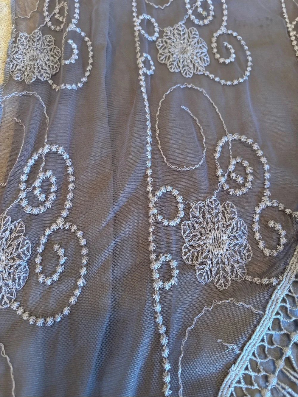 Sheer triangular shawl with Elegant embroidery and fringe taupe/light purple hue